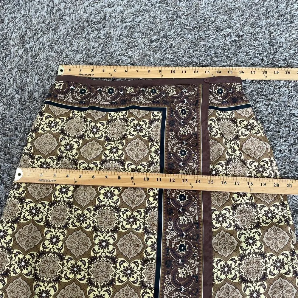 Y2K Midi Skirt Size 14 Brown Medallion Scarf Print Faux Wrap Column Boho Vtg 90s